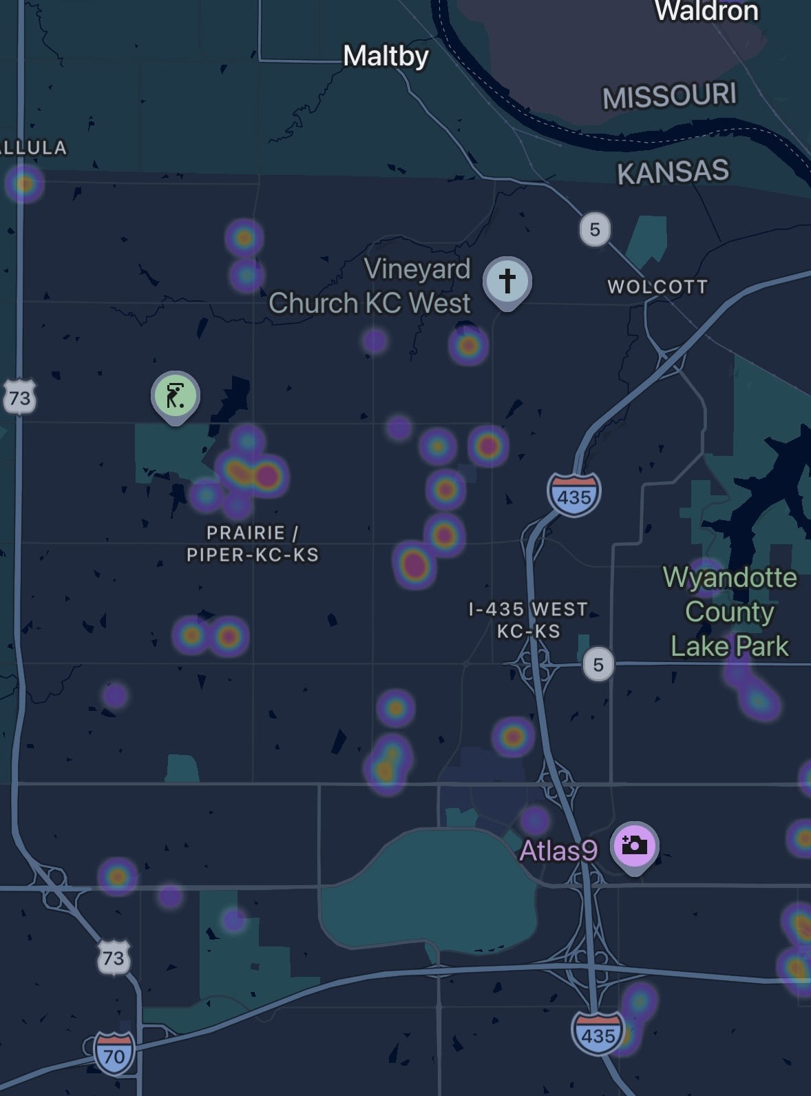 Google Photos job heat map showing Kansas City KS and Piper 66109 homes insulated and air-sealed by Sean, Caleb, and Luke at MyGreenKC - MyGreenKC Attic Insulation Kansas City