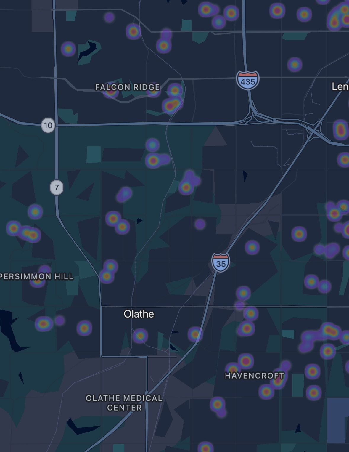Google Photos job heat map showing 67+ Olathe KS homes in Falcon Ridge, Persimmon Hill, Cedar Creek, and Havencroft insulated by MyGreenKC - MyGreenKC Attic Insulation Kansas City