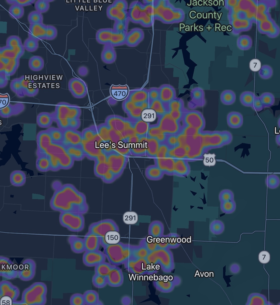 Google Photos job heat map showing 151+ Lee's Summit MO, Greenwood, and Lake Winnebago homes insulated and air-sealed by MyGreenKC - MyGreenKC Attic Insulation Kansas City