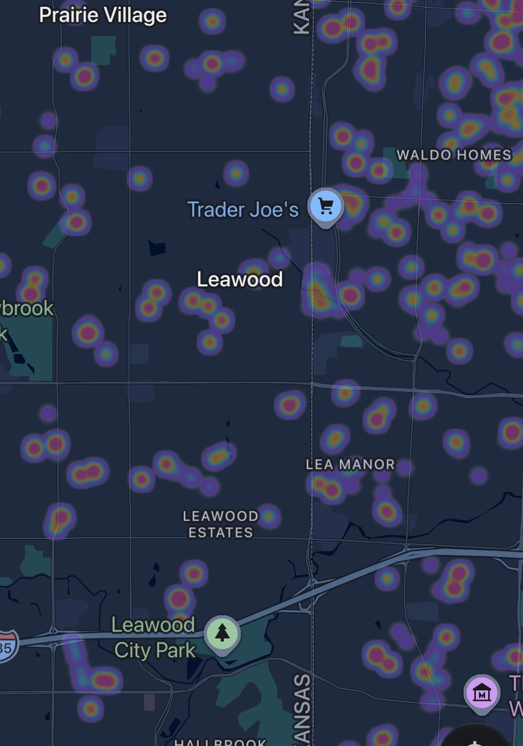 Google Photos job heat map showing 99+ Leawood and Stilwell KS homes in Lea Manor, Leawood Estates, and Hallbrook insulated by MyGreenKC