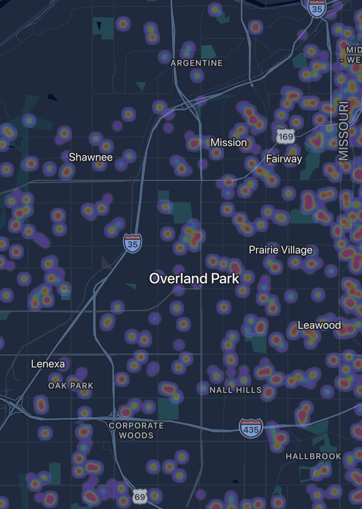 Google Photos job heat map showing 235+ Overland Park KS homes insulated and air-sealed by Sean, Caleb, and Luke at MyGreenKC - MyGreenKC Attic Insulation Kansas City