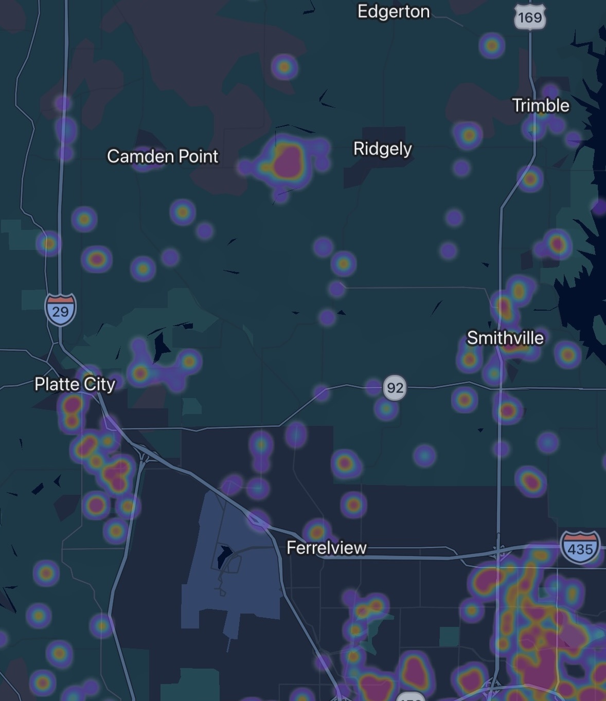 Google Photos job heat map showing Platte City MO 64079 and Smithville MO 64089 homes insulated and air-sealed by Sean, Caleb, and Luke at MyGreenKC - MyGreenKC Attic Insulation Kansas City