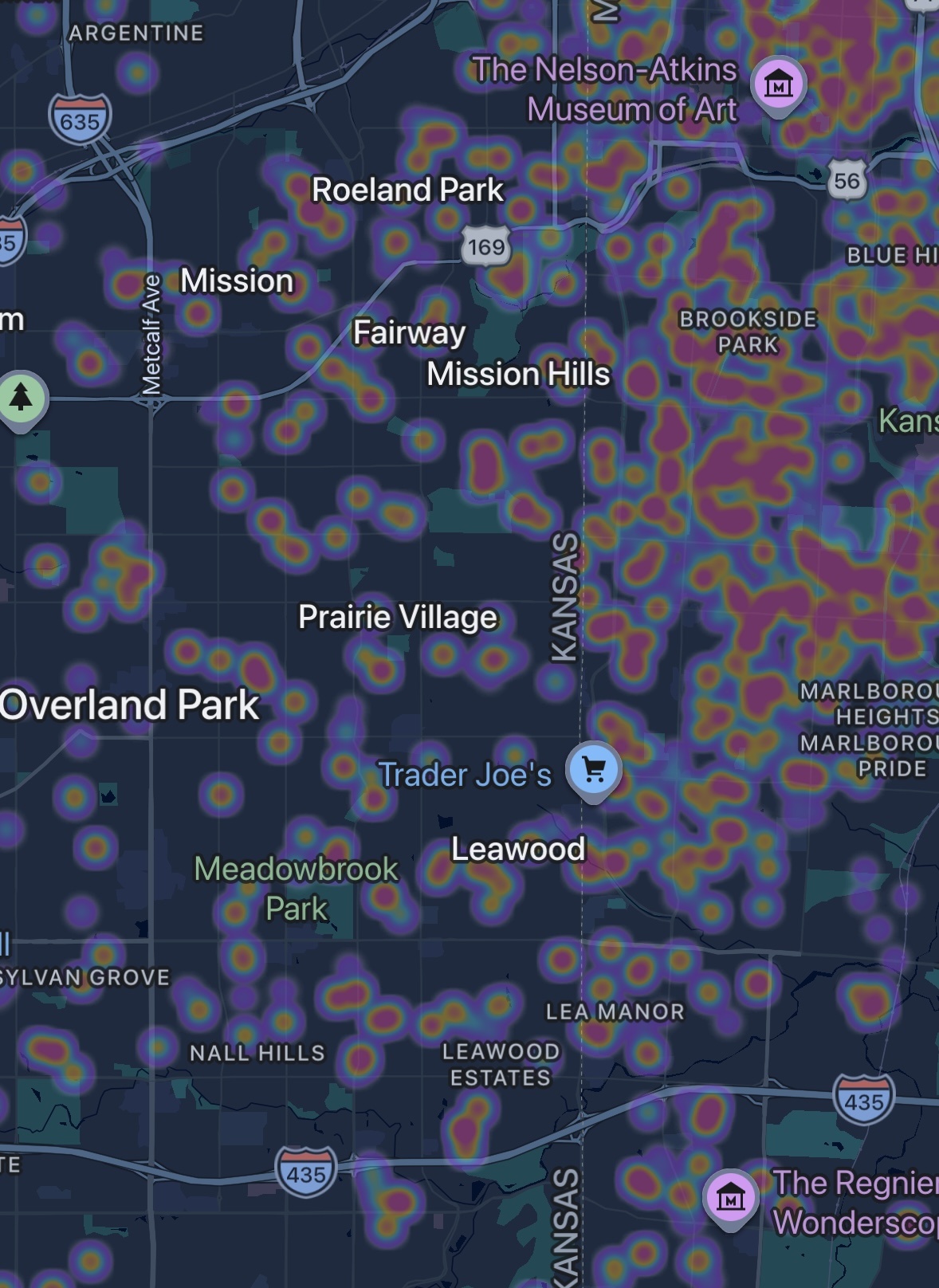 Google Photos job heat map showing Prairie Village KS 66208 homes insulated and air-sealed by Sean, Caleb, and Luke at MyGreenKC