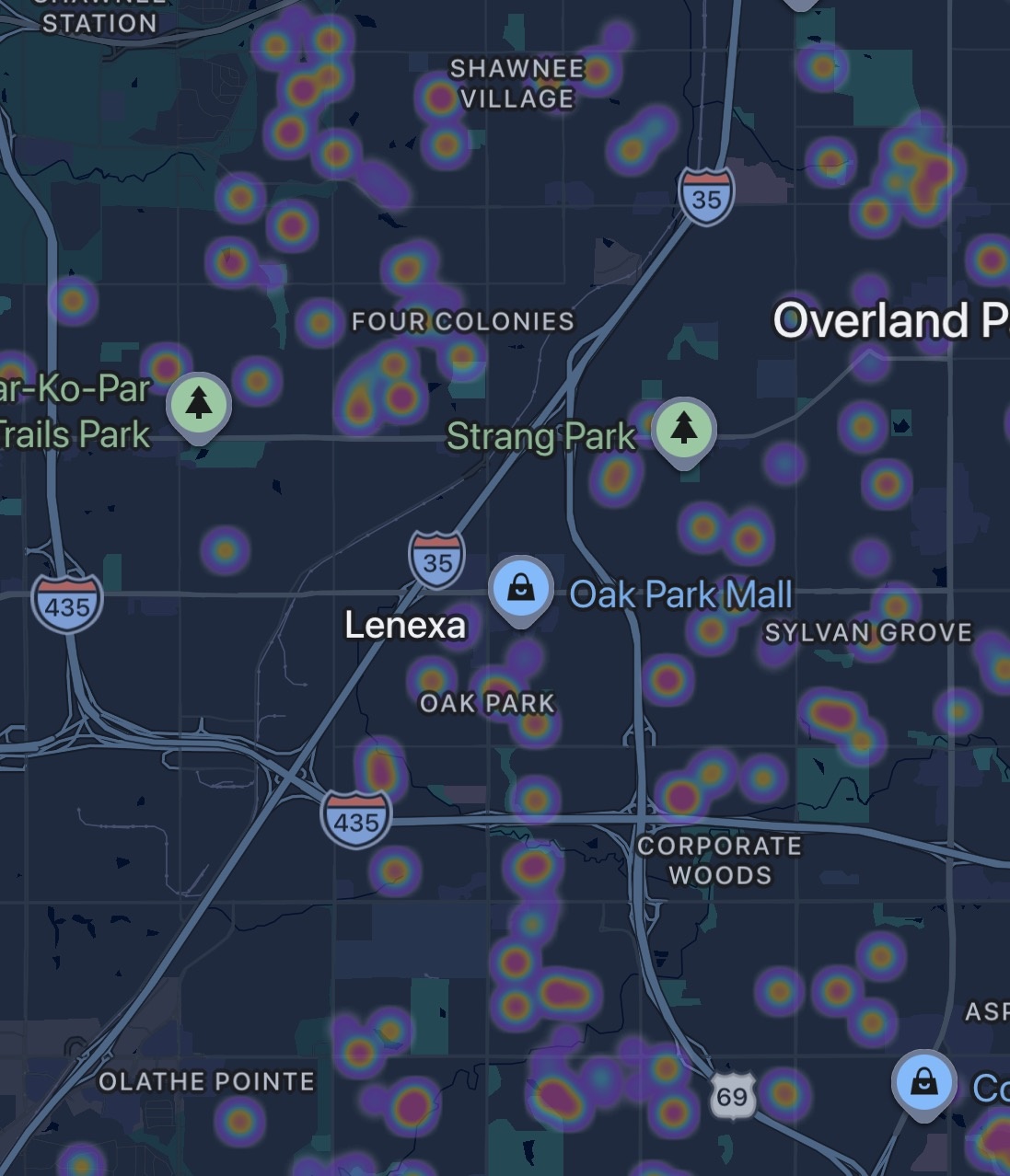 Google Photos job heat map showing 105+ Shawnee and Lenexa KS homes in Shawnee Village, Four Colonies, Oak Park, and Sar-Ko-Par insulated by MyGreenKC